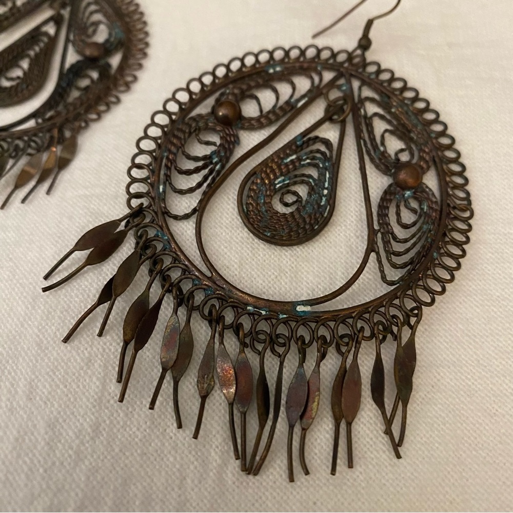 Earrings, copper bohemian style. Paisley with a fringe detail ethnic